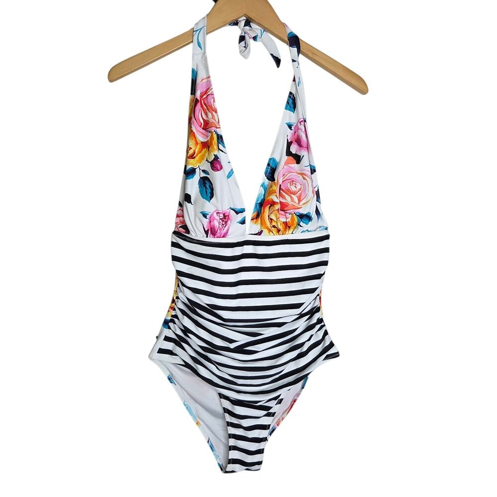 Cupshe Bold Floral & Stripe SZ Med‎ Halter One Piece Bra Swimsuit Coastal NWT